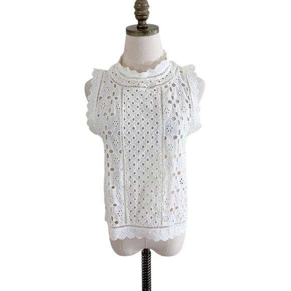 Anthro James Coviello Cream Sleeveless Eyelet Top Women's Sz M Scalloped Edges - Picture 1 of 6